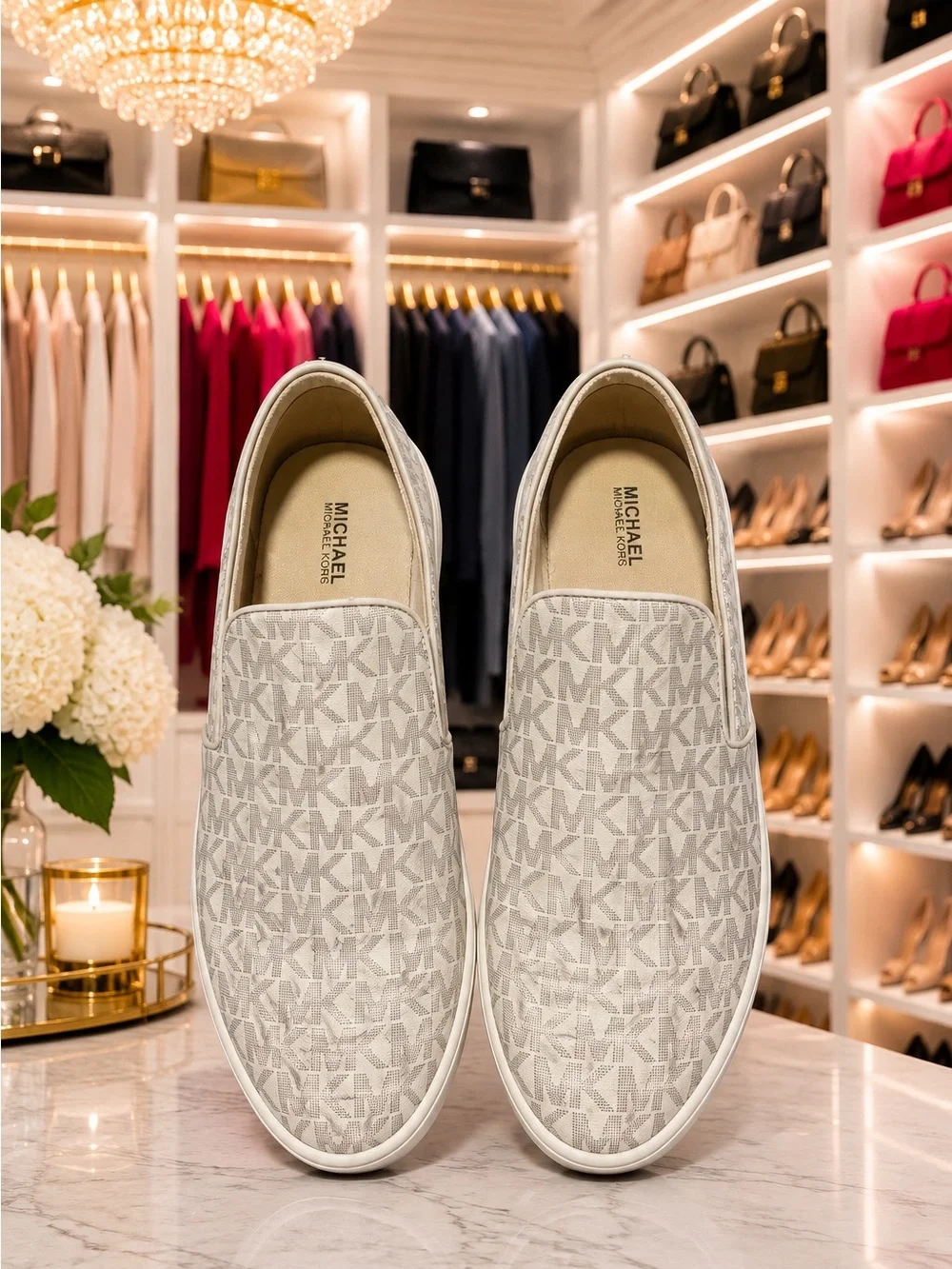 Michael Kors Men's Slip-On Loafers in Light Beige MK Logo